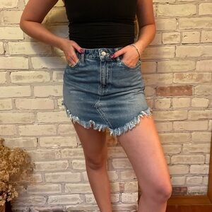 Free People Jean Mini Skirt Distressed Hem Festival Boho Rom Com Jean Skirt